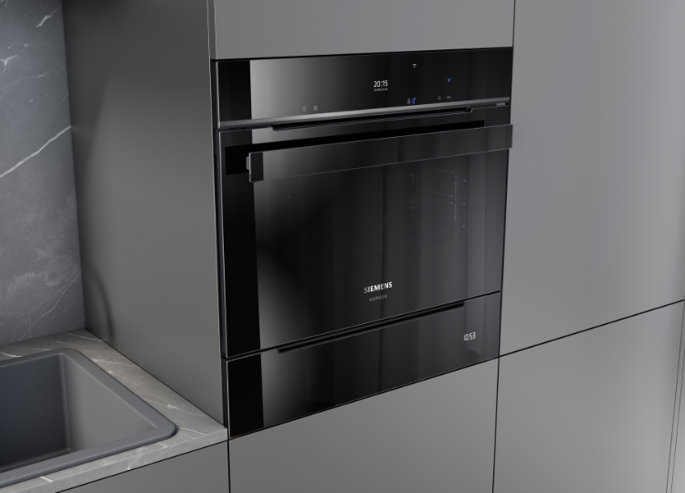 Schwarzer Einbaubackofen mit darunter integrierter Dampfschublade in einer modernen grauen Küchenfront.
