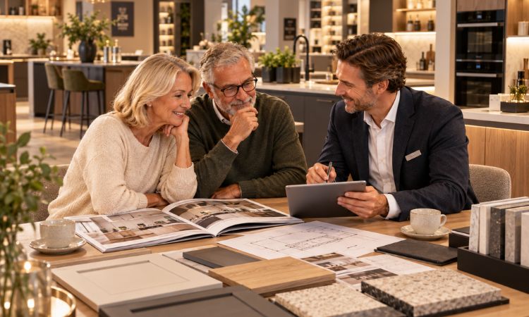 Paar plant gemeinsam mit einem Küchenberater die neue Küche