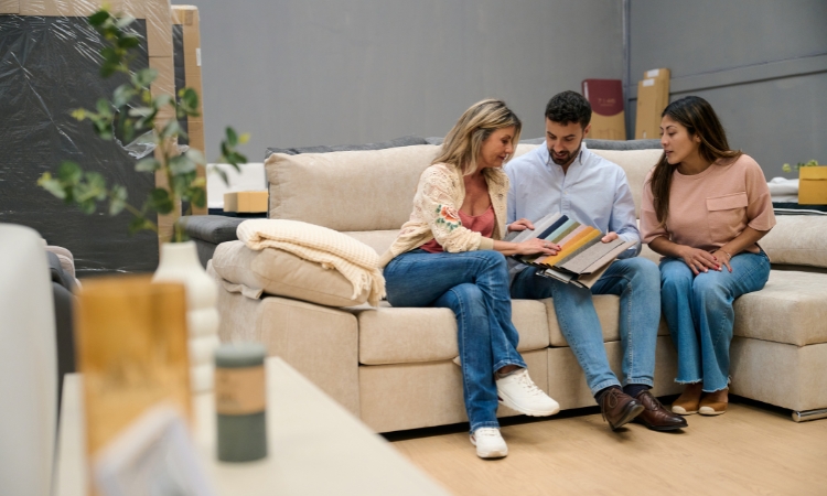 Familie vergleicht gemeinsam Stoff- und Farbmuster für ihre neue Einrichtung