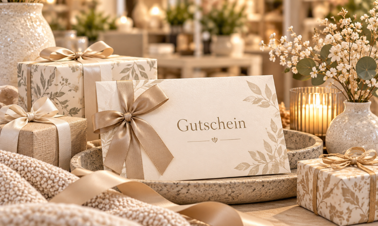 Elegant gestalteter Gutschein mit Geschenkverpackungen und Wohnaccessoires