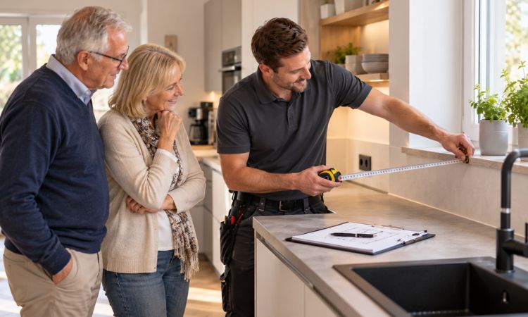 Küchenberater nimmt bei Kunden vor Ort Maße für die neue Küche