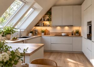 Helle Küche mit Dachschräge, angepassten Schränken und natürlichen Holzdetails