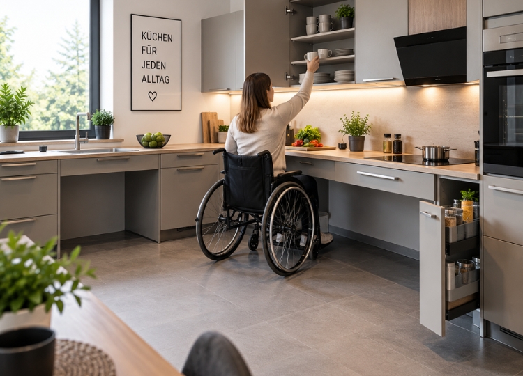 Rollstuhlgerechte Küche mit unterfahrbarer Arbeitsfläche und gut erreichbarem Stauraum