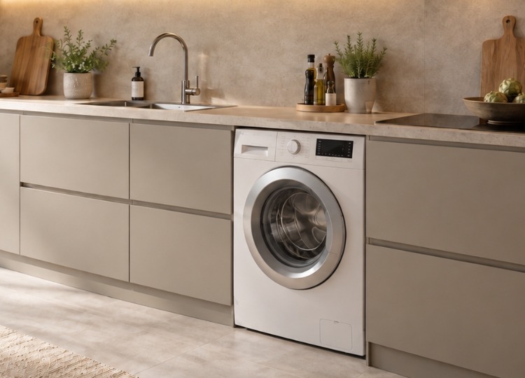 Weiße Waschmaschine unter der Arbeitsplatte einer beigen Einbauküche, rechts neben der Küchenspüle.