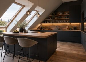 Dunkle moderne Küche mit Dachschräge, Holzarbeitsplatte und Kücheninsel