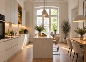 Helle moderne Küche im Altbau mit Kücheninsel, hohen Decken und großen Fenstern